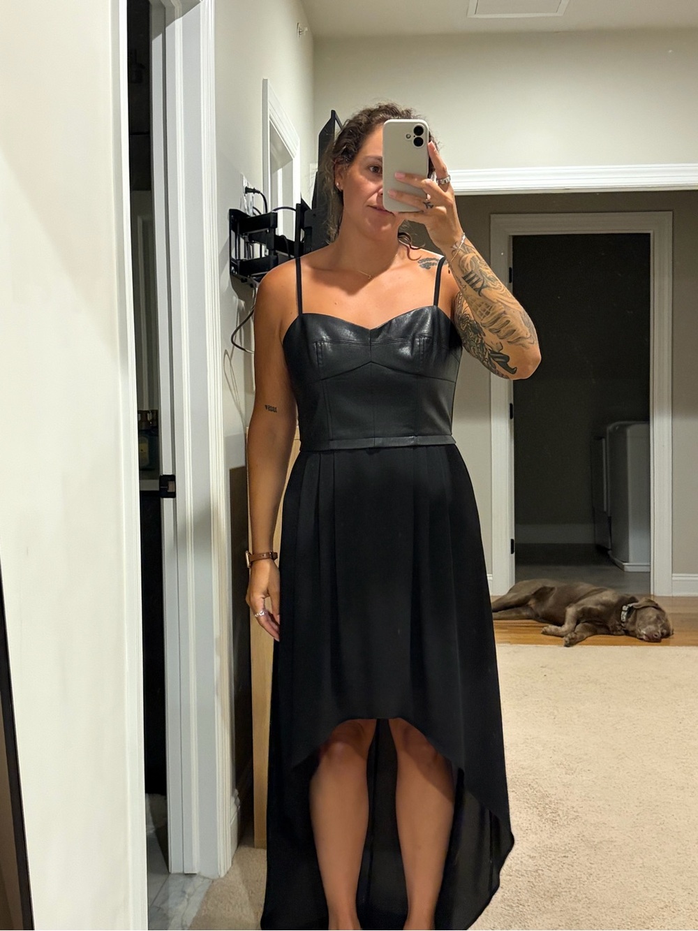 Black High-Low Slip Dress with Faux Leather Bodice